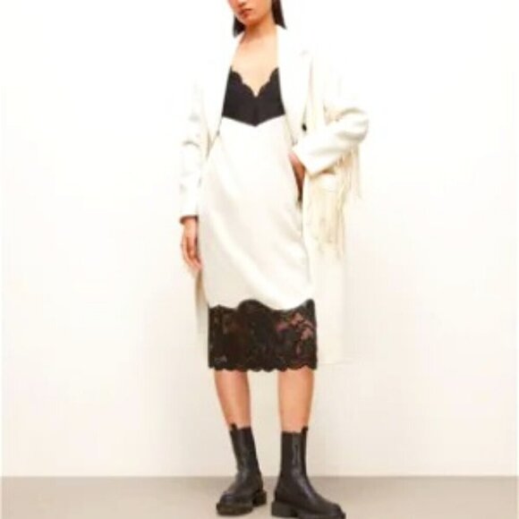 NWT ALL SAINTS Celeste Cream Satin Black Lace Boho Midi Shift Dress 10 MSRP $249 - Picture 3 of 12